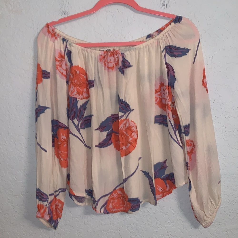 Billabong Floral Print Boho Off Shoulder Crop Top Blouse Size M